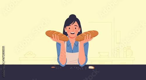 Enthusiastic Baker Displays Loaves of Freshly Baked Bread for Culinary Delight