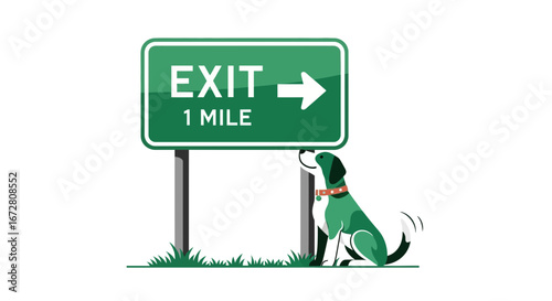 Dog Observing Exit Sign, Vector Illustration Depicting Travel And Animal Awareness