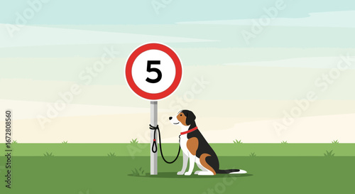 Dog Patiently Awaits Under Speed Limit Sign While Leashed on Grass Background