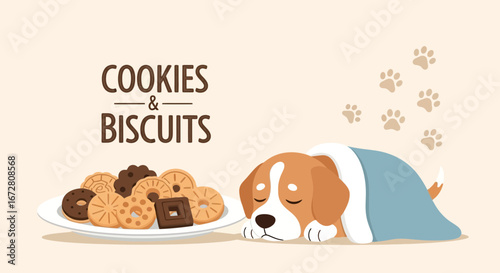 Dog Sleeps Next To Treats Cookies And Biscuits, Sweet dreams for a cute puppy