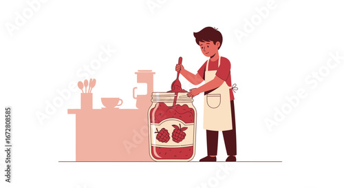 Domestic Scene Of Person Handcrafting Red Fruit Preserve Concoction In Kitchen