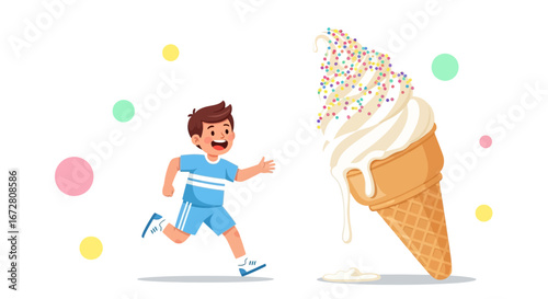 Enthusiastic Boy Sprinting Towards A Gigantic Ice Cream Cone With Colorful Sprinkles