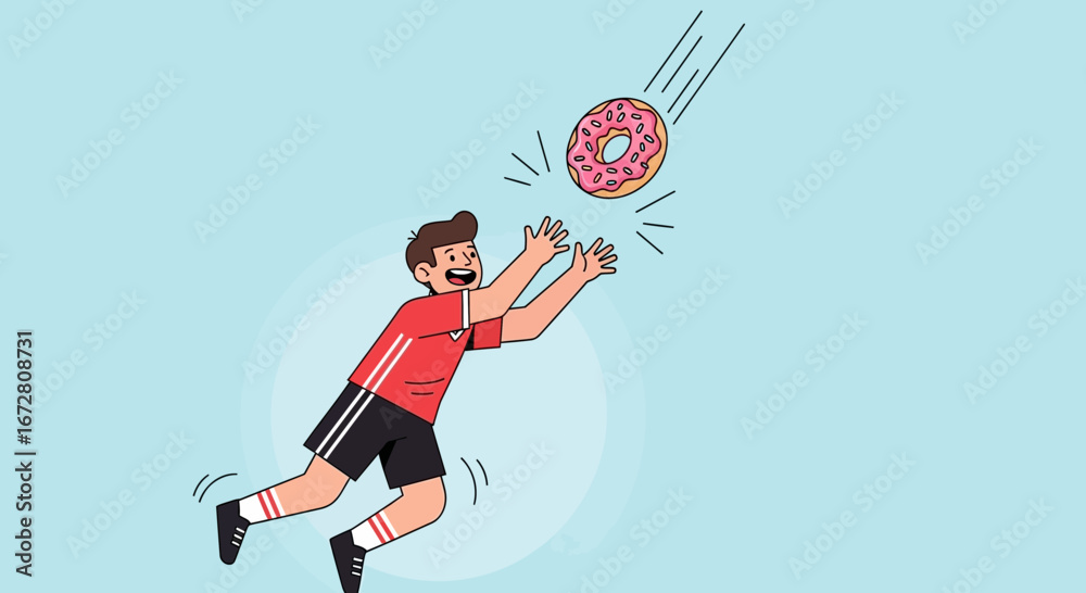 Enthusiastic Person Attempting To Catch A Delicious, Colorful Donut Falling From The Sky