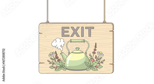 Drawn Wooden Exit Sign Displaying A Whimsical Tea Kettle Adorned By Floral Elements