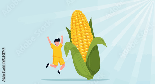 Enthusiastic Person Celebrating Abundant Corn Harvest, Embracing Nutritional Bounty