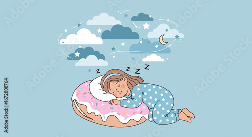 Dreamy Slumber: A Sweet Girl Sleeping Comfortably with Whispers of Stars and Clouds