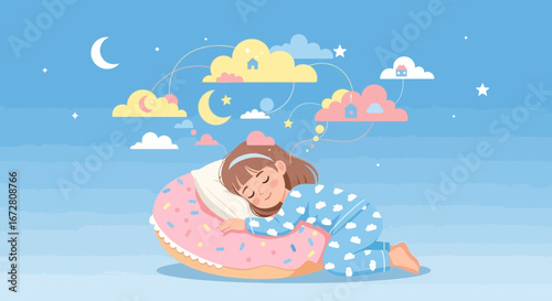 Dreamy Girl Resting Upon A Doughnut, Surrounded by Sweet Dreams in a Bright Blue Sky