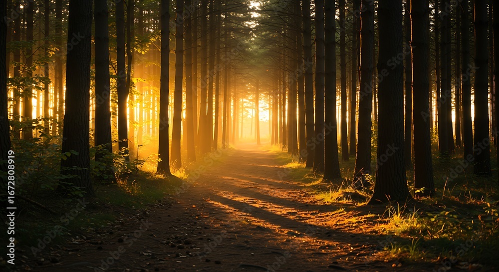 Fototapeta premium A serene forest path at sunset, with golden light filtering through the trees.