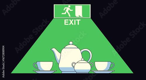 Escape Route: Surreal Composition Showcasing Teaware Under Exit Sign, Concept And Metaphor