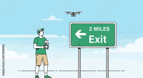 Drone Pilot Observing Directional Exit Sign Illustrates Navigation and Remote Control