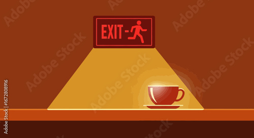 Escape From Workplace After Coffee Break, Illuminated Coffee Cup Illustrates Freedom
