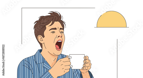 Drowsy Individual Awakening, Drinking Morning Coffee and Greeting the Gentle Sunrise