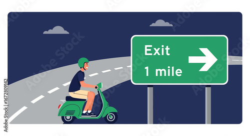 Evening Commute: Scooter Rider Approaching Highway Exit Sign for Swift Travel