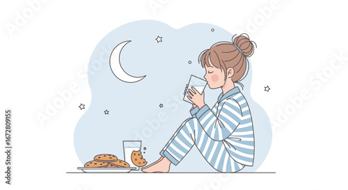 Evening Routine: A Serene Scene Of Enjoying Milk And Cookies Under A Peaceful Sky