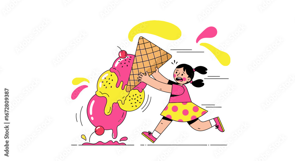 Obraz premium Excited Youngster's Summer Day: A Colorful Pursuit of Gigantic Ice Cream Delight