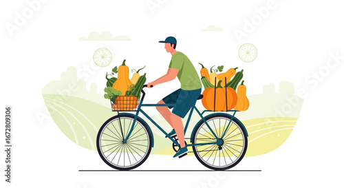 Eco-Friendly Harvest: A Cyclist Carrying Vegetables on a Picturesque Country Road
