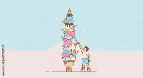 Excited Child Reaches Towering Ice Cream, A Symbol Of Summer's Joyful Treats
