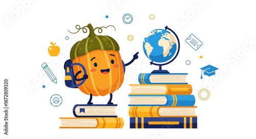Educated Pumpkin Character Explores Geographical Study Of The World With Enthusiasm And Curiosity.