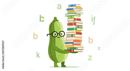 Educated Zucchini Character Carrying a Stack of Books with Style and Brilliance
