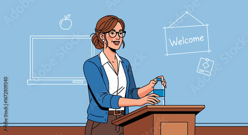 Educator Presenting At Podium With Water Bottle And Welcoming Classroom Sign