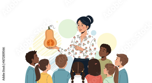 Educator Showcasing Pumpkin To Curious Pupils In Educational And Engaging Classroom Lesson