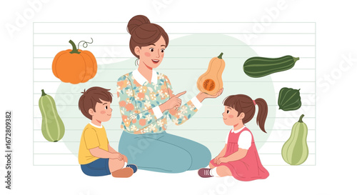 Educator Teaching Vegetable Varieties To Students In A Cozy And Colorful Classroom Setting