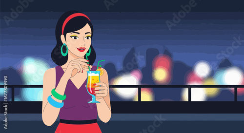 Effervescent Woman Relaxing Outdoors With A Delightful Cocktail Amongst City Lights