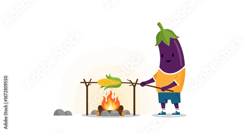 Eggplant Friend Roasting Corn Over Campfire Symbolizing Fun And Delicious Summer Time