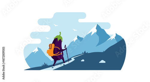 Eggplant Hiker Adventures: Cartoon Character Hiking Through Majestic Mountains Landscape