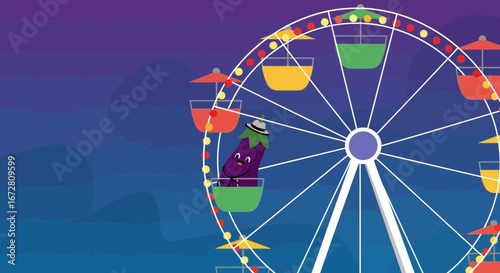 Eggplant Joyfully Riding A Ferris Wheeeel Under A Colorful Midnight Sky