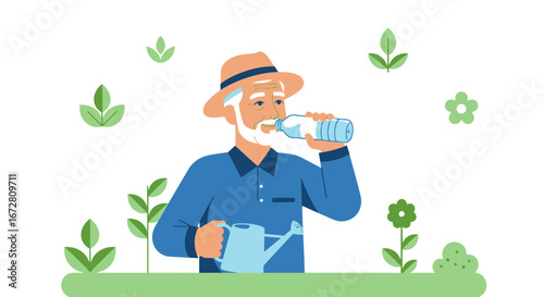 Elderly Gardener Quenches Thirst With Water Bottle While Surrounded by Nature