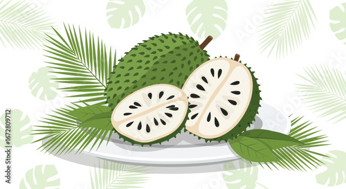 Exotic Fruit Illustration Depicting Soursops with Green Foliage on a Plate