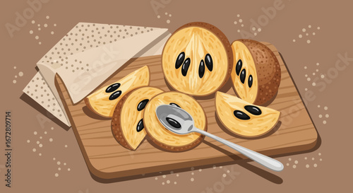 Exotic Fruit Display Featuring Sliced Sapodilla and Silverware on Rustic Wooden Board