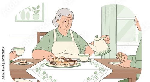 Elderly Ladies Enjoying Tea Time And Pastries In Their Cozy Living Room
