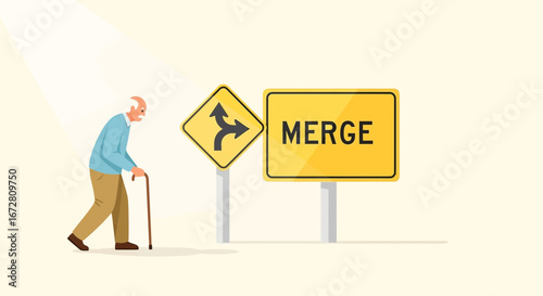 Elderly Man Navigating Future Decisions Beside Merge Sign With Directional Arrows
