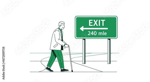 Elderly Gentleman On Walk Towards Exit Sign, Minimalist Style, Illustration