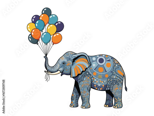 Whimsical Elephant and Balloons: A cheerful illustration of an elephant joyfully floats, tethered to a vibrant bunch of balloons, portraying a sense of freedom, joy, and a colorful fantasy. 