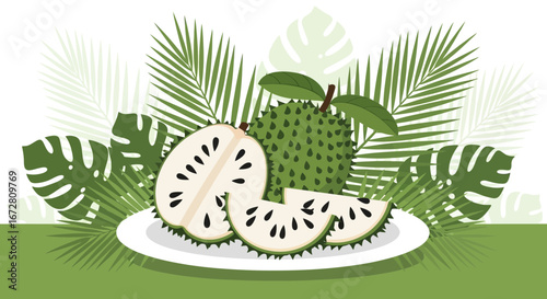 Exotic Fruit Illustration with Natural Greenery and Leafy Background Presentation