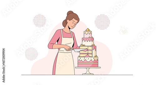 Elegant Baker Delicateness Decorating Cake, Demonstrating Sweet Bakery Skills, Artistic Presentation