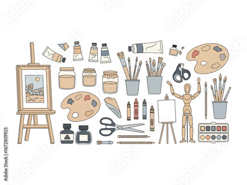 Art Supplies Setup: A vibrant collection of artistic tools, arranged on a flat surface, depicting art supplies for creative exploration, artistic expression.