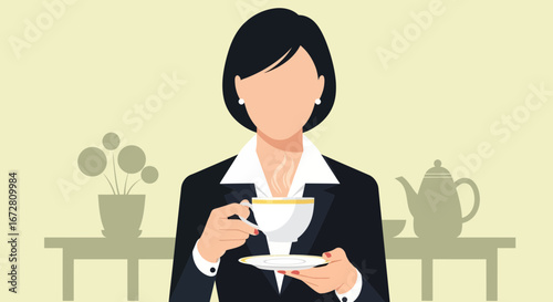 Elegant Businesswoman Enjoying Tea During a Break or Afternoon Tea, Vector Illustration