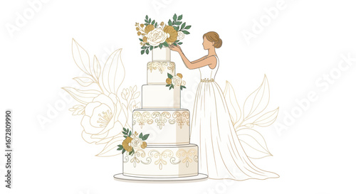 Elegant Bride Adorning A Tiered Cake With Floral Embellishments In Pastel Hues