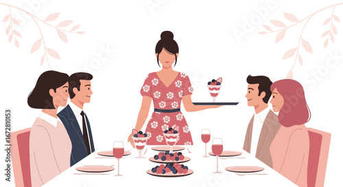 Elegant Dining Experience: Server Presenting Dessert to a Group of Well-Dressed People
