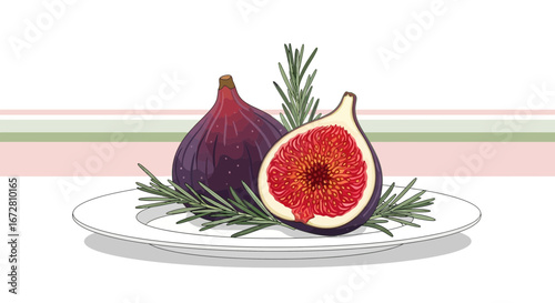 Exquisite Fig Display On White Plate Against Artistic Background, Culinary Delight