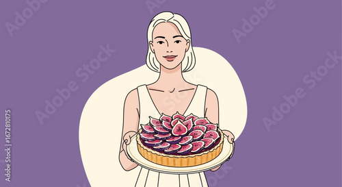 Elegant Female Presenting a Delicious Fig Tart on a Purple Background with Creamy Circle