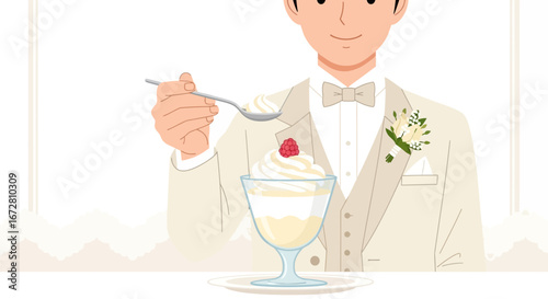 Elegant Gentleman Enjoying Refreshing Dessert at a Formal Event in a Minimalist Style