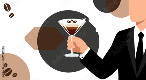 Elegant Hand Presenting a Coffee Martini Cocktail in a Stylish Black Suit Setting