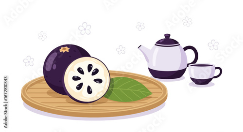 Exquisite Tropical Fruit Arrangement With Tea-Making Utensils, Colorful Illustration
