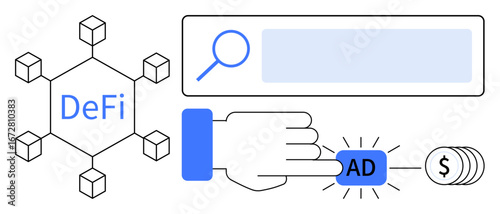 Hand clicking ad next to decentralized finance icon, search bar, and currency coins. Ideal for finance, blockchain, marketing, fintech, digital economy, advertisement simple landing page