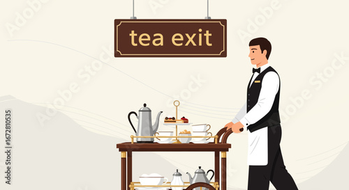 Elegant Server Guides Tea Trolley Towards A Refined Tea Exit Destination